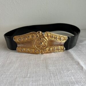 Vintage 80s Black Patent Belt Gold Ornate Buckle Statement piece